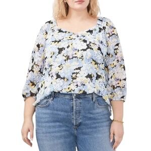 NWT Vince Camuto Floral Print V-Neck 3/4 Sleeve Elastic Shoulder Blouse